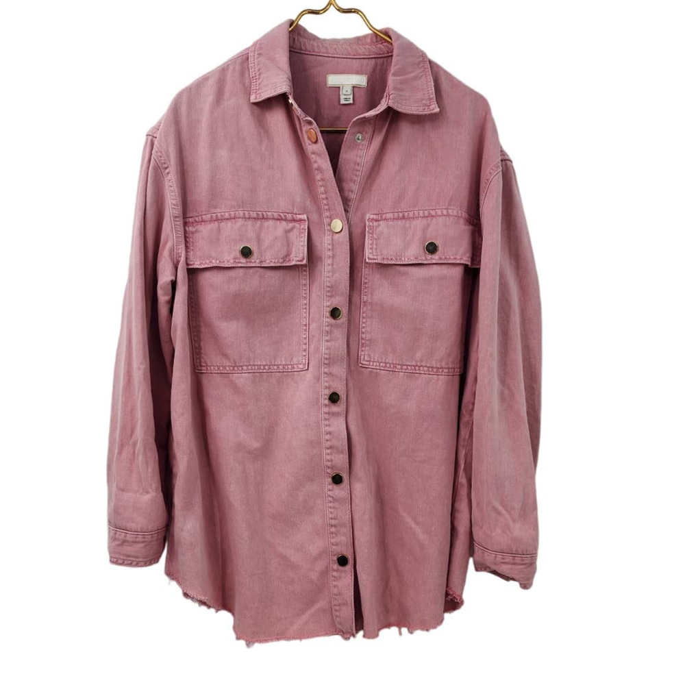 River Island Pink Chambray Snap Button Raw Edge Gold Button Small Oversized